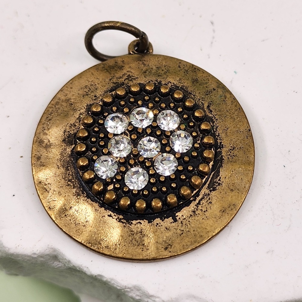 Gold Tone Rhinestone Round Medallion Pendant Vintage Glam Statement Jewelry